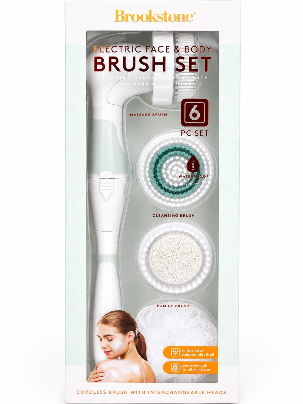 Brookstone Handheld Cordless Electric Face & Body Brush Set (4 Brush Heads)